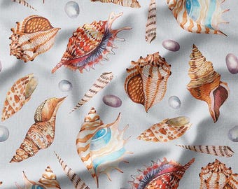 Fabric by the Yard - Realistic Conch Shells and Pebbles on White Background - Perfect for Quilting, Sewing, and Coastal-Inspired Home Decor