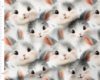 Cotton Fabric by the Yard, Fluffy Gray Bunny Faces, Blush Cheeks Soft Nursery Rabbit