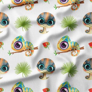 Chameleons and Snakes with Leaves and Flowers Cotton Fabric by the Yard - Fun Animal Pattern for Kids - Cotton Linen Viscose Bamboo Fabric