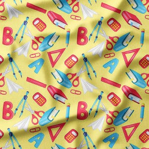 Back to School Supplies Pattern Cotton Fabric by the Yard Colorful Stationery Design for Kids Sewing, Quilting, Home Decor, and DIY Projects