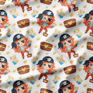 Pirate Girl Cotton Fabric by the Yard – Cute Pirates with Treasure Maps and Chests, Perfect for Kids' Clothing, Quilting, and Nursery Decor