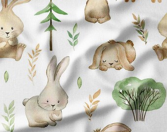 Woodland Bunny Cotton Fabric by the Yard – Cute Bunnies with Trees and Leaves, Perfect for Baby Clothing, Quilting, and Nursery Decor