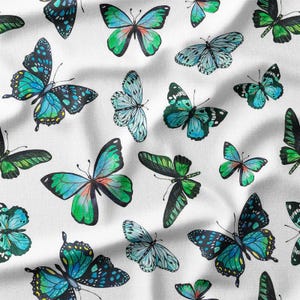 Butterfly Cotton Fabric by the Yard Blue and Green Butterfly Pattern on White Background for Sewing, Quilting, Home Decor, and DIY Crafts
