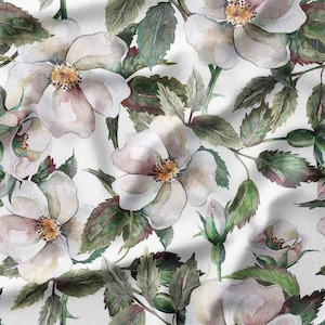 Fabric by the Yard - Elegant Watercolor White Roses and Green Leaves on White Background, Perfect for Home Decor, Quilting and Crafts
