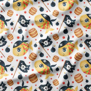 Pirate Fish Cotton Fabric by the Yard – Fun Pirate Fish with Barrels and Flags, Great for Kids&#39; Room Decor, Clothing, and Craft Projects