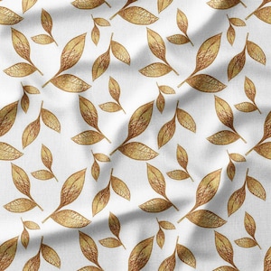 Gold Metallic Leaves on White Cotton Fabric by the Yard - Elegant Leaf Pattern for Quilting, Pillows, Bedding, and Home Decor