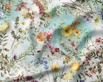 Watercolor Meadow Garden Wildflowers on Light Blue Cotton Fabric by the Yard - Ideal for Women's Clothing, Quilting, DIY Crafts, Home Decor
