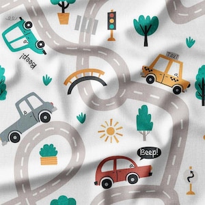 Car Road Map Cotton Fabric by the Yard Fun Vehicles and Roads Design for Boys Sewing Supplies Fabric for Quilting Bedding DIY Projects