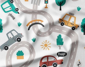 Car Road Map Cotton Fabric by the Yard Fun Vehicles and Roads Design for Boys Sewing Supplies Fabric for Quilting Bedding DIY Projects