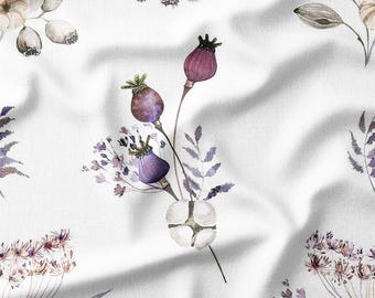 Cotton Fabric by the Yard – Poppy Pods & Meadow Herbs – Botanical Design