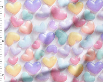 Cotton Fabric by the Yard, Pastel 3D Look Candy Hearts, Soft Pink Purple Blue Love Print