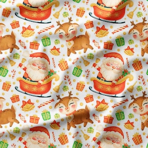 Santa, Reindeer, and Gifts Christmas Cotton Fabric by the Yard - Festive Holiday Pattern with Candy Canes, Bells, and Presents