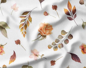 Watercolor Roses and Leaves on White Cotton Fabric by the Yard – Soft Floral Design for Quilting, Pillows, and Home Decor