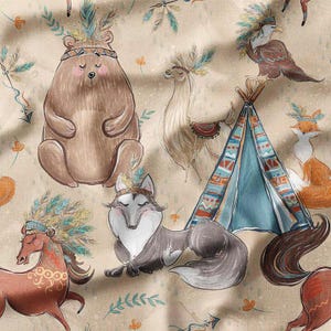 Cotton Fabric by the Yard - Woodland Animals and Teepees in Native Style on Beige, Perfect for Kids&#39; Quilting, Baby Apparel, DIY Crafts