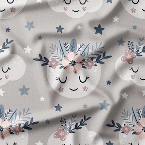 Adorable Smiling Clouds with Floral Crowns and Stars on Gray Cotton Fabric by the Yard - Perfect for Kids&#39; Quilting, Bedding, and Curtains