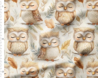 Cotton Fabric by the Yard, Sleeping Baby Owls on Branches, Feathers Neutral Boho Woodland on Cream