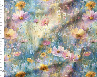 Cotton Fabric by the Yard – Blue and Lilac Meadow Flowers with Grasses – Watercolor Botanical Pattern