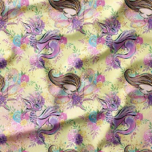Cotton Fabric by the Yard – Magical Fairy and Dragon in Floral Wonderland – Available in Cotton, Linen, Bamboo & More, Perfect for Apparel