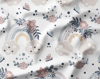 Pastel Rainbows, Flowers, and Butterflies on White Cotton Fabric by the Yard - Perfect for Quilting, Bedding, Pillows, Curtains