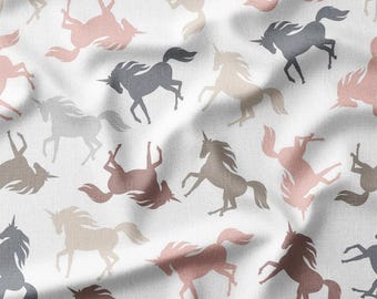 Pastel Unicorn Silhouettes Cotton Fabric by the Yard - Grey, Beige, and Pink Unicorns on White Background for Kids' Quilting and Sewing