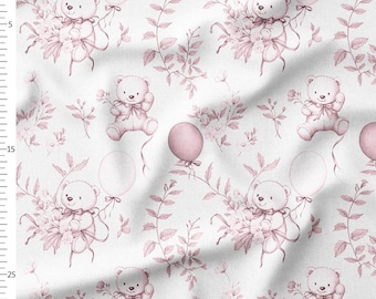 Cotton Fabric by the Yard – Baby Toile with Teddy Bears & Balloons, Printed Fabric (5 Colors: Red, Blue, Beige, Green, Gray)