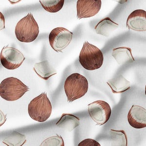Cotton Fabric by the Yard – Fresh Coconut Shells and Chunks on White – Available in Cotton, Linen, Bamboo & More, Ideal for Sewing Projects