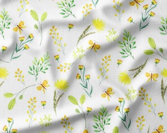 Yellow Butterflies and Wildflowers on White Cotton Fabric by the Yard - Bright Floral and Nature Design for Quilting, Bedding, Pillows, DIY