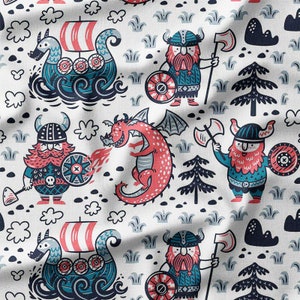 Cotton Fabric by the Yard - Playful Viking and Dragon Cartoon Print on White Background, Ideal for Kids' Projects, Quilting, and Nursery