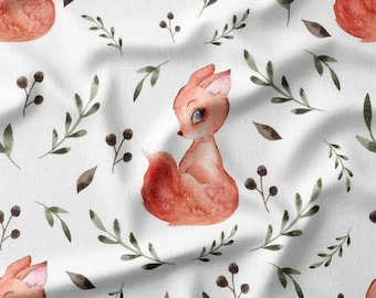 Watercolor Foxes with Green Leaves Cotton Fabric by the Yard - Adorable Woodland Animal Design for Kids' Quilting, Sewing, Pillows