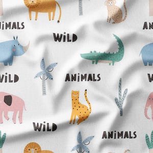 Stoff Schüttware - Wilde Tiere und Safari-Thema auf weißem Hintergrund, perfekt für Kinderkleidung, Quilten, Kinderzimmerdekor und Kunsthandwerk