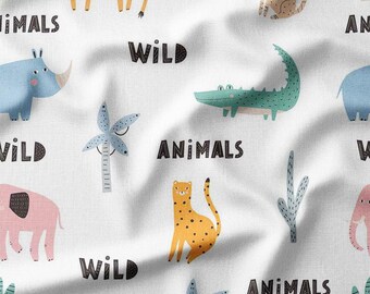 Fabric by the Yard - Wild Animals and Safari Theme on White Background, Perfect for Kids' Clothing, Quilting, Nursery Decor, and Crafts