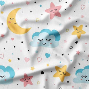 Fabric by the Yard - Whimsical Moon, Stars, and Clouds on White Background, Ideal for Baby Clothing, Nursery Decor, and Quilting