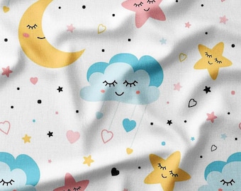 Fabric by the Yard - Whimsical Moon, Stars, and Clouds on White Background, Ideal for Baby Clothing, Nursery Decor, and Quilting