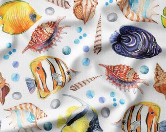 Fabrics by the Yard - Tropical Fish and Seashells on White, Ideal for Beach-Themed Home Decor, Quilting, and Kids' Summer Outfits