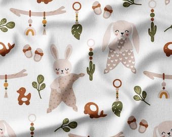 Cute Woodland Animals Cotton Fabric by the Yard Adorable Bunnies and Baby Accessories Design for Kids Sewing, Quilting, Bedding, and DIY