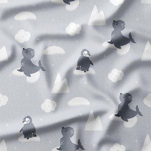 Adorable Seals and Penguins on Ice Floes with Mountains on Gray Cotton Fabric by the Yard - Perfect for Quilting, Sewing, Nursery Decor