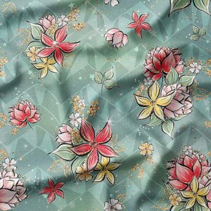 Tropical Flowers and Leaves Cotton Fabric by the Yard - Elegant Floral Design with Gold Accents on Teal Background for Sewing Projects