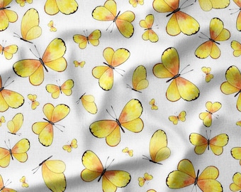 Cotton Fabric by the Yard - Yellow Watercolor Butterflies on White Background, Perfect for Quilting, Kids' Clothing, DIY Crafts