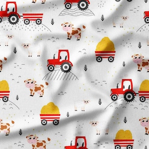 Farm Tractor and Animals Cotton Fabric by the Yard Cute Farm Tractors with Cows and Sheep for Boys Sewing Fabric for Quilting Bedding DIY