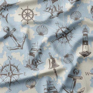 Nautical Anchors, Ships, and Lighthouses on Light Blue Cotton Fabric by the Yard – Maritime Design for Quilting, Pillows, and Home Decor