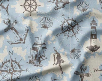 Nautical Anchors, Ships, and Lighthouses on Light Blue Cotton Fabric by the Yard – Maritime Design for Quilting, Pillows, and Home Decor