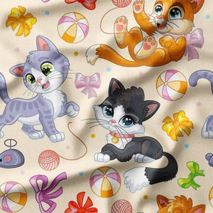Cute Kitten Cotton Fabric by the Yard Playful Animal Cats with Bows and Toys for Sewing Designer Fabric for Quilting and Sewing Blankets