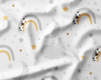 Dreamy Moons, Stars, and Rainbows on White Cotton Fabric by the Yard - Perfect for Quilting, Sewing, Nursery Decor, and Baby Projects