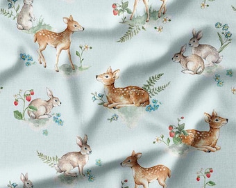 Deer and Bunny Cotton Fabric by the Yard Adorable Meadow Animal Fawns and Rabbits with Flowers Design Sewing Fabric for Quilting & Sewing
