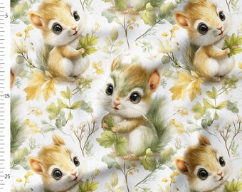 Cotton Fabric by the Yard Watercolor Baby Squirrels with Leaves, Soft Woodland Forest Nursery Print