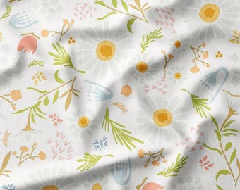 Cotton Fabric by the Yard Scandinavian Floral Print, Available in Cotton, Linen, Bamboo & More - Great for Nursery Decor and Summer Crafts