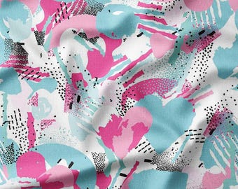 Abstract Pink, Blue, and Black Shapes on White Cotton Fabric by the Yard - Modern Geometric Design for Quilting, Sewing, and Crafts