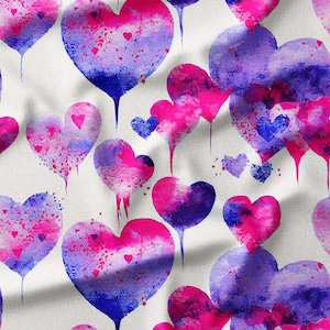 Watercolor Hearts in Pink and Purple on White Cotton Fabric by the Yard - Romantic Design for Valentine&#39;s Day, Quilting, and DIY Crafts