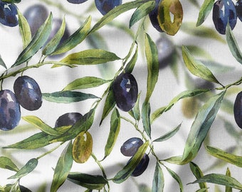 Watercolor Olive Branches on White Cotton Fabric by the Yard - Mediterranean-Inspired Design for Quilting, Sewing, and Home Decor