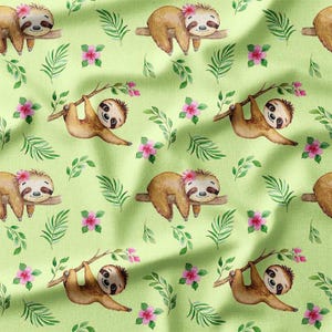 Cotton Fabric by the Yard - Adorable Sloths with Flowers and Leaves on Light Green, Perfect for Kids' Quilting, Nursery Decor, DIY Crafts